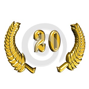 Number 20 with laurel wreath or honor wreath as a 3D-illustration, 3D-rendering