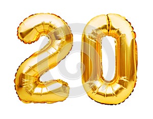 Number 20 twenty made of golden inflatable balloons isolated on white. Helium balloons, gold foil numbers. Party decoration,