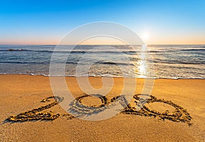 Number 2018 written on seashore sand at sunrise.