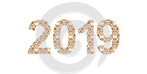 Number 2019 year patterned with floral shapes, isolated on white. 2019 for decorate calendar, banner, poster, invitation