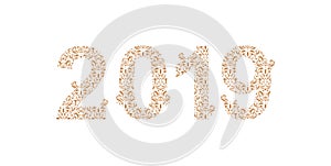 Number 2019 year patterned with floral shapes, isolated on white. 2019 for decorate calendar, banner, poster, invitation