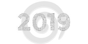 Number 2019 year patterned with floral shapes, isolated on white. 2019 for decorate calendar, banner, poster, invitation