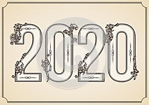 Number 2020 year patterned with floral shapes, isolated on white. 2019 for decorate calendar, banner, poster, invitation