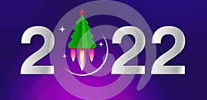 Number 2022 and a Christmas tree with a red star flying into space.