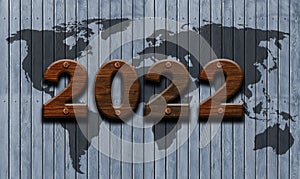 Number 2022 with old wood texture with world map in vintage style