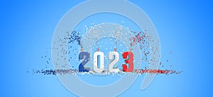 Number 2023 with blue, white and red confetti