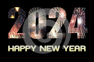 Number 2024 with Fireworks photo background and text HAPPY NEW YEAR on black background. Happy New Year 2024 concept