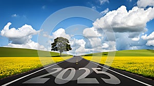 Number 2025 written on empty road. Concept of New 2024 Year. Concept of planning, tasks