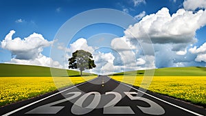 Number 2025 written on empty road. Concept of New 2024 Year. Concept of planning, tasks