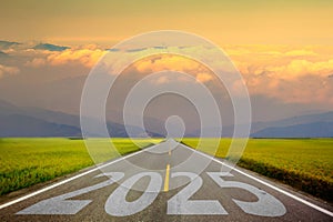 Number 2025 written on empty road. Concept of New 2024 Year. Concept of planning, tasks