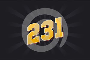 Number 231 vector font alphabet. Yellow 231 number with black background