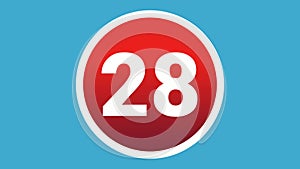 Number 28 sign symbol 2d animation motion graphics icon on red circle