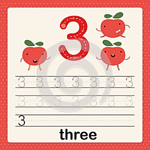 Number 3, card for kids learning to count and to write, worksheet for kids to practice writing skill, Vector illustration