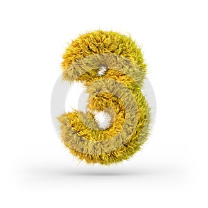 Number 3. Digital sign. Yellow fluffy and furry font. 3D