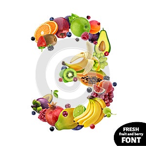 Number 3 made of different fruits and berries, fruit alphabet isolated on white background