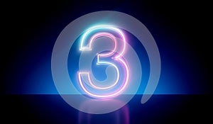 Number 3 neon glowing futuristic tube light. 3D Rendering