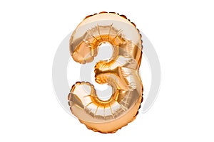 Number 3 three, made of golden inflatable helium balloon. Gold foil balloon font part of full set of numbers, isolated