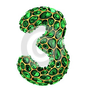 Number 3 three made of golden shining metallic 3D with green glass isolated on white background.