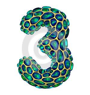 Number 3 three made of golden shining metallic 3D with green glass isolated on white background.