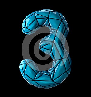 Number 3 three made of low poly style blue color plastic isolated on black background. 3d