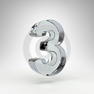 Number 3 on white background. Camera lens transparent glass 3D number with dispersion.