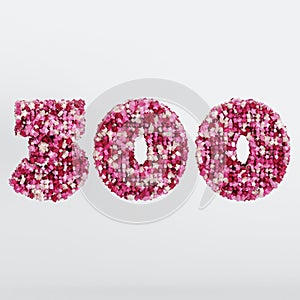 Number 300 3D Text Illustration, Digits With Pink And Cream Colors Stars, 3D Render In 4K Resolution