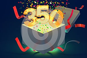 Number 350 inside gift box with confetti and shiny light, 3D rendering