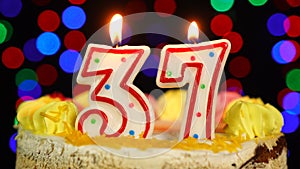 Number 37 Happy Birthday Cake Witg Burning Candles Topper.