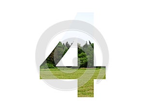 number 4 of the alphabet made with landscape with grass, forest and a blue sky