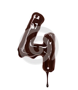 Number 4 with dripping drop is made of melted chocolate, isolated on white background