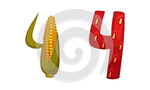 Number 4 Four made of fresh corncob and strawberry cartoon vector illustration