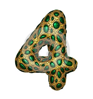 Number 4 four made of golden shining metallic 3D with green glass isolated on white background.