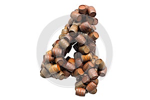 Number 4 from wooden barrels, 3D rendering