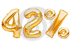 Number 42 forty two and percent sign made of golden helium inflatable balloons isolated on white. Gold foil numbers for