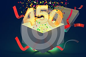 Number 450 inside gift box with confetti and shiny light, 3D rendering