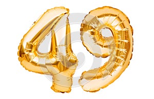 Number 49 forty nine made of golden inflatable balloons isolated on white. Helium balloons, gold foil numbers. Party decoration,