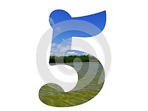number 5 of the alphabet made with a landscape of a blue sky, green reeds and water of a lake