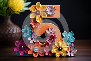 Number 5 decorated with paper flowers. Children's birthday. Generated by artificial intelligence