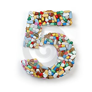 Number 5 fiive. Set of alphabet of medicine pills, capsules