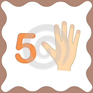 Number 5 five, educational card,learning counting with fingers