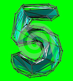 Number 5 five in low poly style green color isolated. 3d