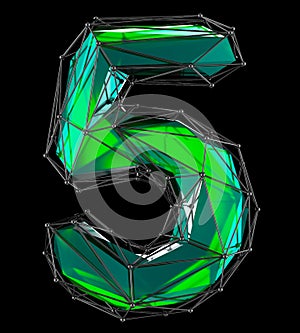 Number 5 five in low poly style green color isolated on black background. 3d