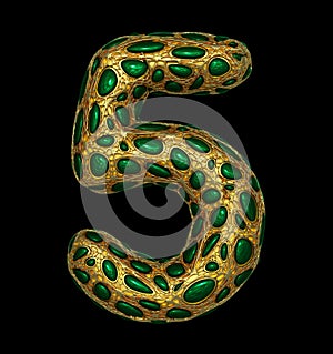 Number 5 five made of golden shining metallic 3D with green glass isolated on black background.