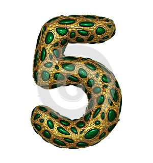 Number 5 five made of golden shining metallic 3D with green glass isolated on white background.