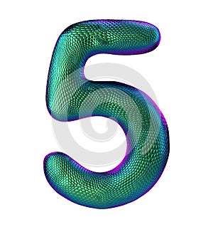 Number 5 five made of natural green snake skin texture isolated on white