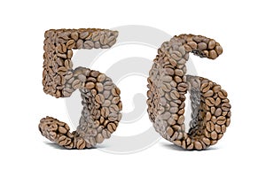 Number 5 five  and number 6 six from coffee bean isoilated on white. Coffee alphabet font