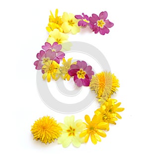 number 5 made from freshly picked yellow and pink flowers.