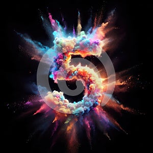 Number 5 - Number FIVE - Colored powder explosion number font isolated on black background