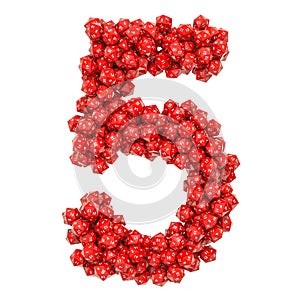 Number 5, from red twenty-sided dice, 3D rendering