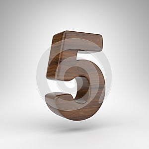 Number 5 on white background. Dark oak 3D number with brown wood texture.
